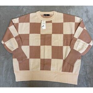 NWT Oversized Checkered Sweater Womens L Balloon Sleeve Split Hem Neutral